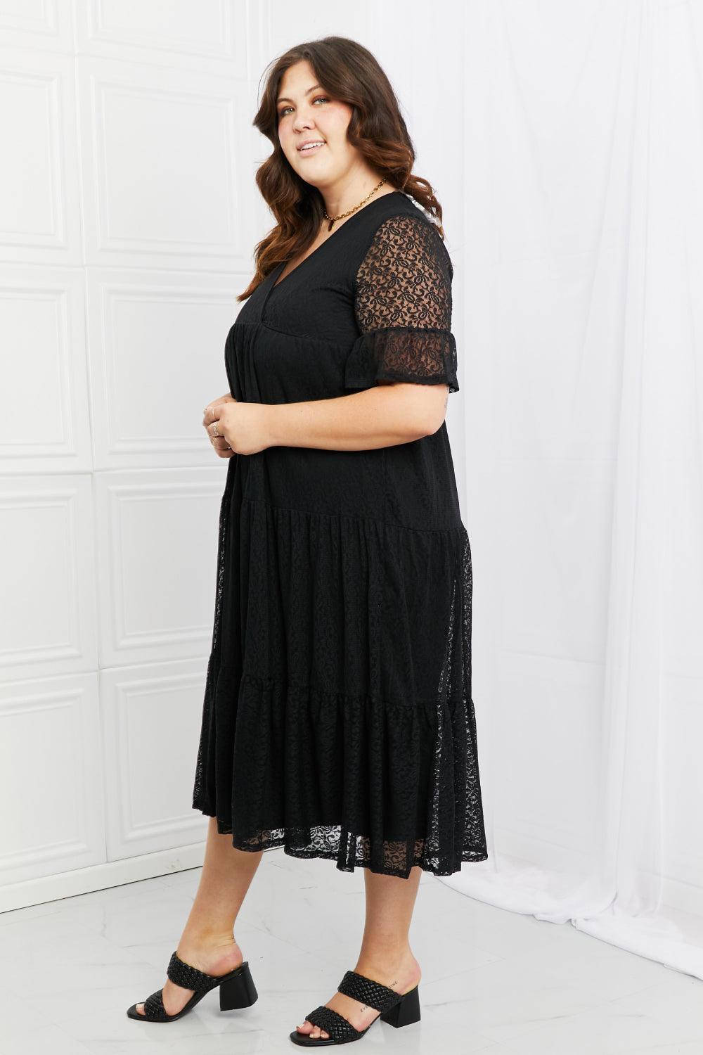 Half Flounce Sleeves Plus Size Black Lace Tiered Dress - MXSTUDIO.COM