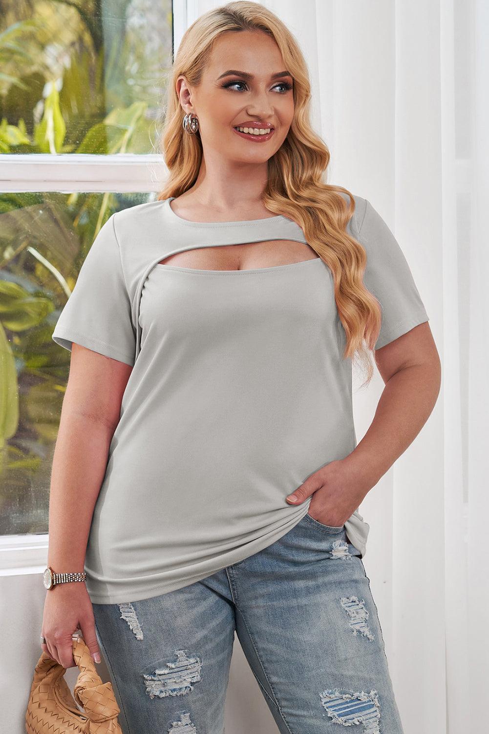 Head-Turning Plus Size Short Sleeve Cutout T-Shirt - MXSTUDIO.COM