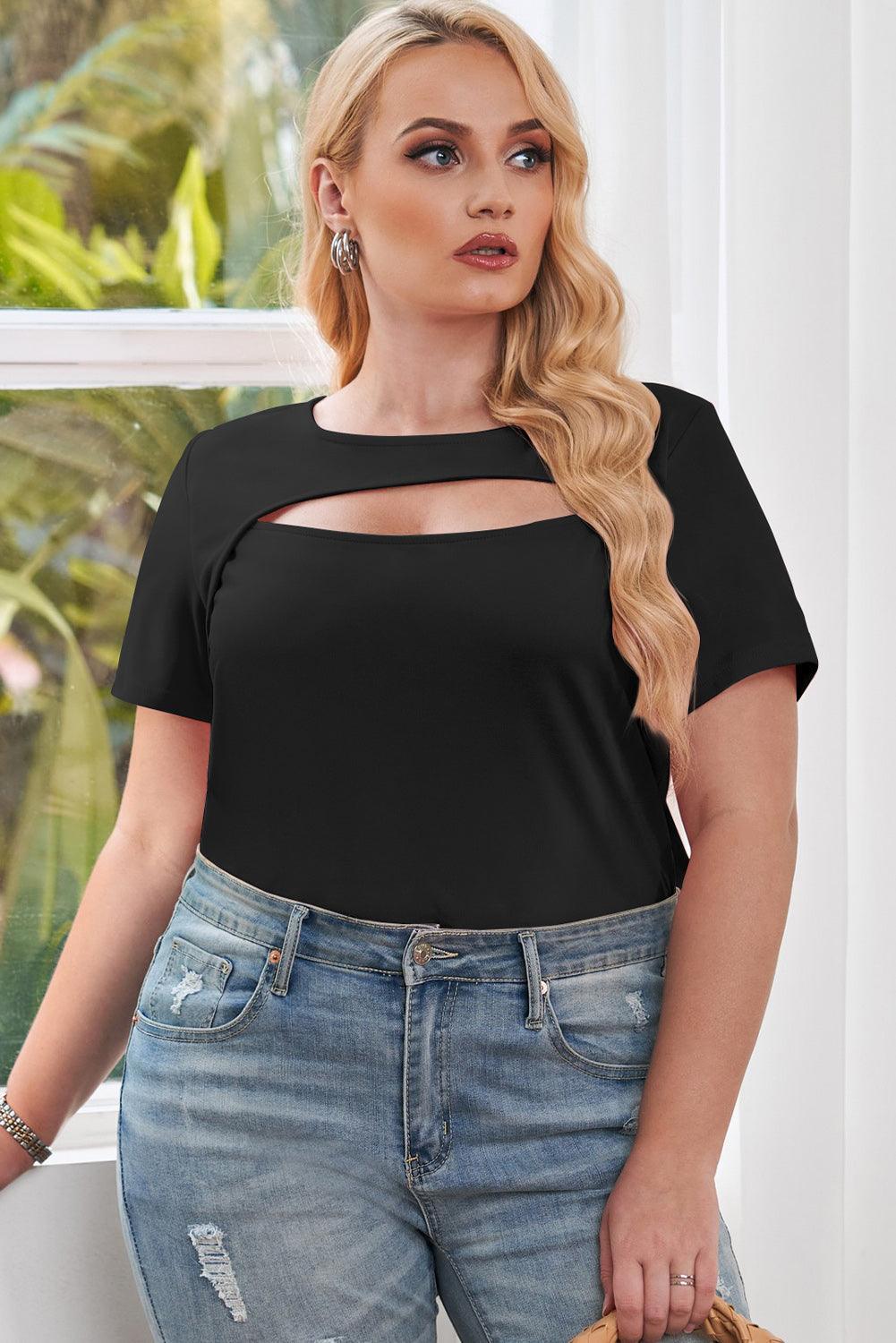 Head-Turning Plus Size Short Sleeve Cutout T-Shirt - MXSTUDIO.COM