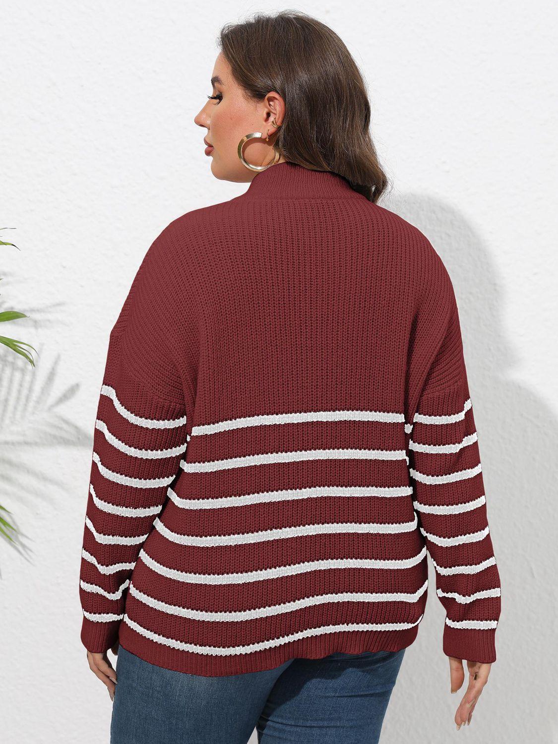 Heart Graphic Zip-Up Plus Size Striped Sweater - MXSTUDIO.COM