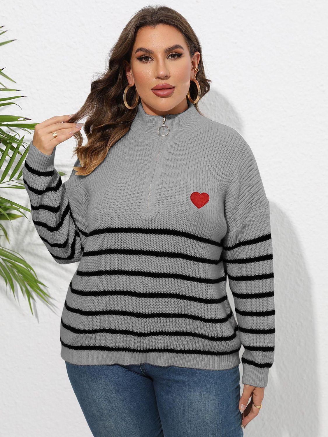 Heart Graphic Zip-Up Plus Size Striped Sweater - MXSTUDIO.COM