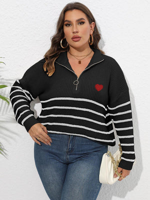 Heart Graphic Zip-Up Plus Size Striped Sweater - MXSTUDIO.COM