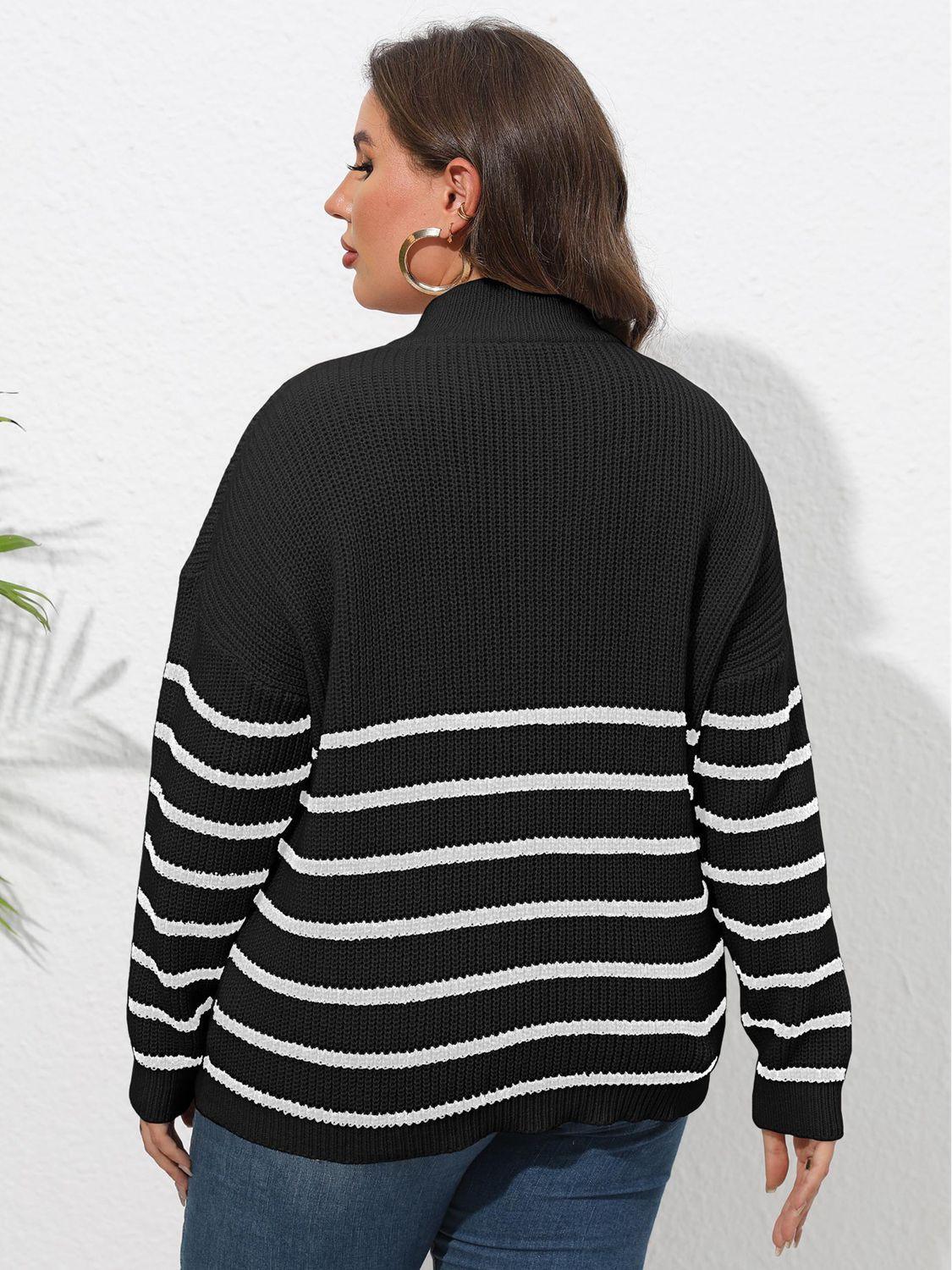 Heart Graphic Zip-Up Plus Size Striped Sweater - MXSTUDIO.COM