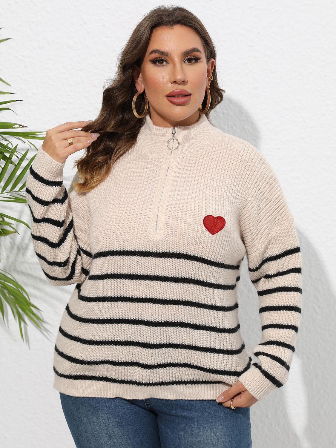 Heart Graphic Zip-Up Plus Size Striped Sweater - MXSTUDIO.COM