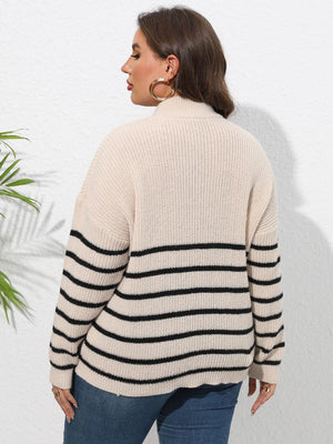 Heart Graphic Zip-Up Plus Size Striped Sweater - MXSTUDIO.COM