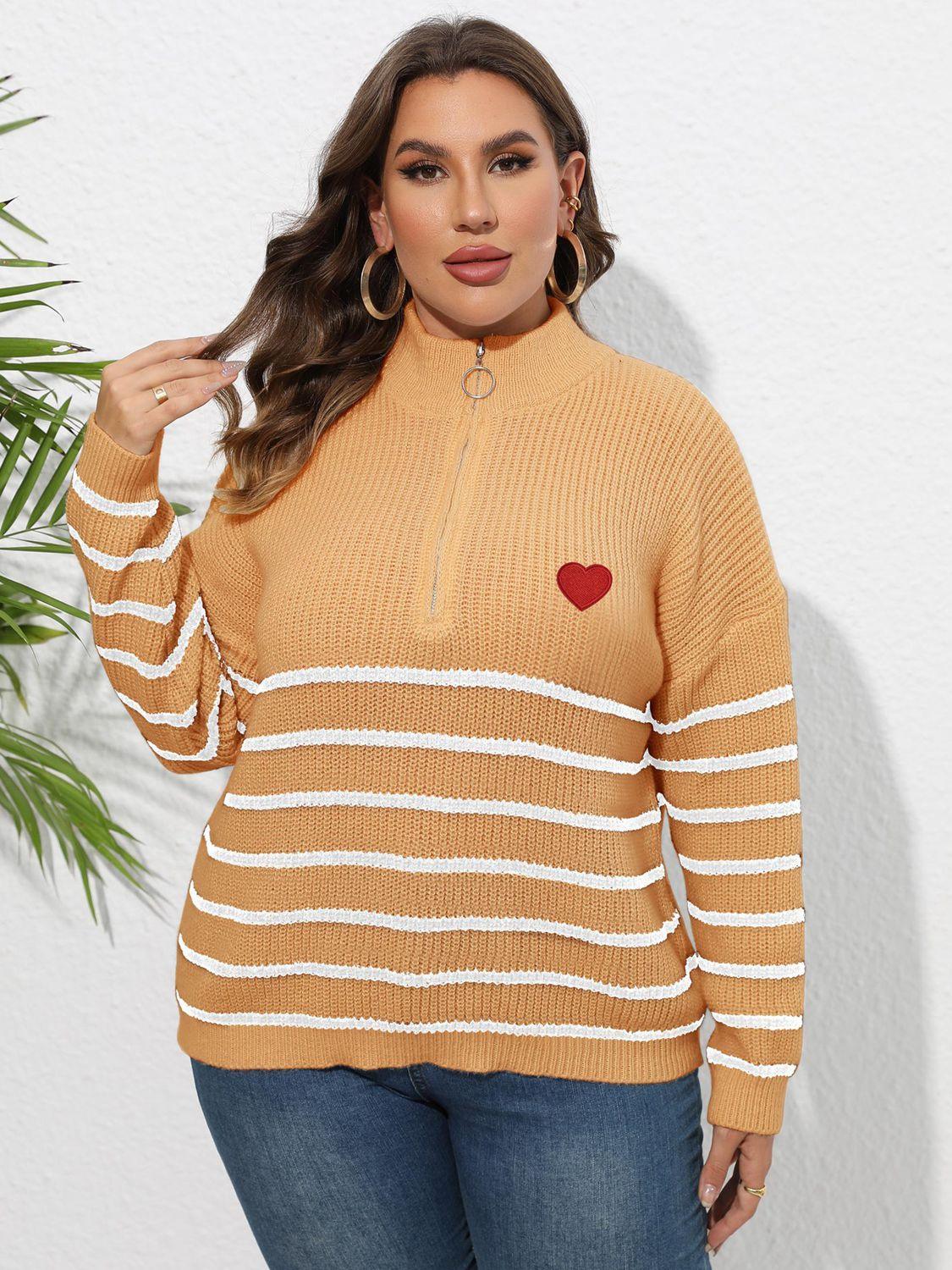 Heart Graphic Zip-Up Plus Size Striped Sweater - MXSTUDIO.COM