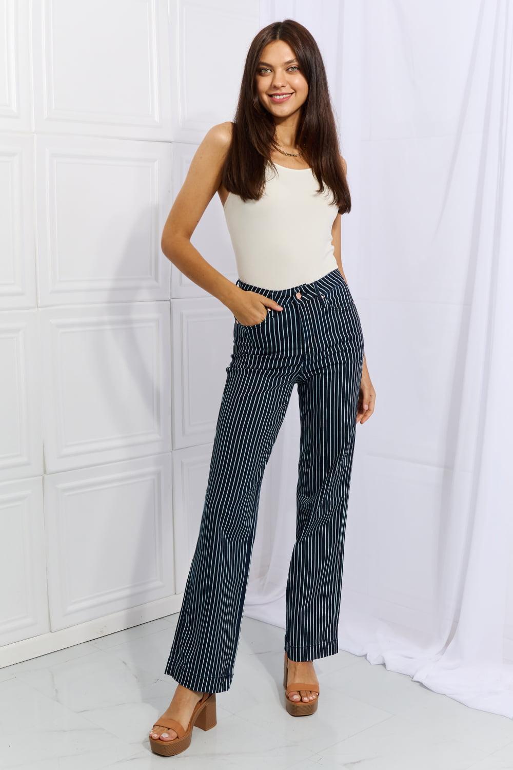 High Waist Tummy Control Plus Size Straight Striped Jeans - MXSTUDIO.COM