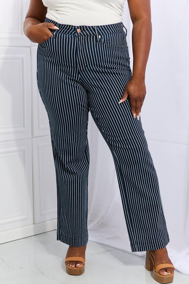 High Waist Tummy Control Plus Size Straight Striped Jeans - MXSTUDIO.COM