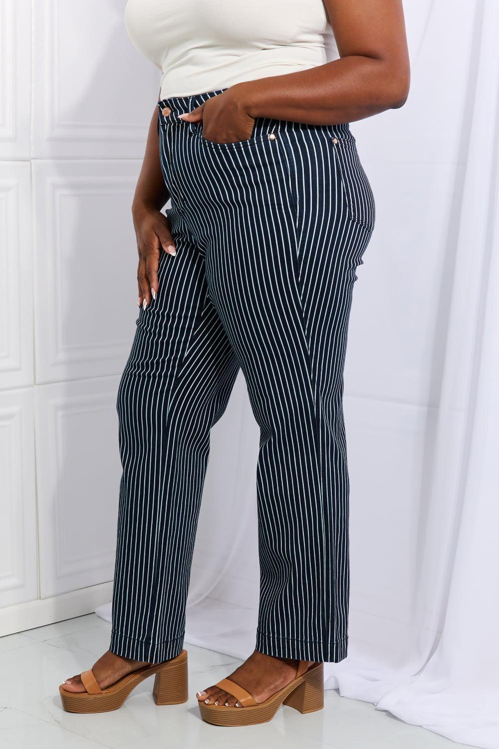 High Waist Tummy Control Plus Size Straight Striped Jeans - MXSTUDIO.COM