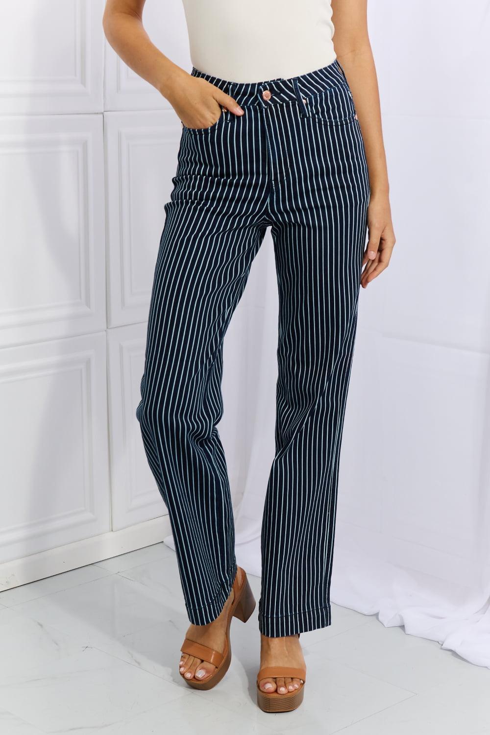 High Waist Tummy Control Plus Size Straight Striped Jeans - MXSTUDIO.COM