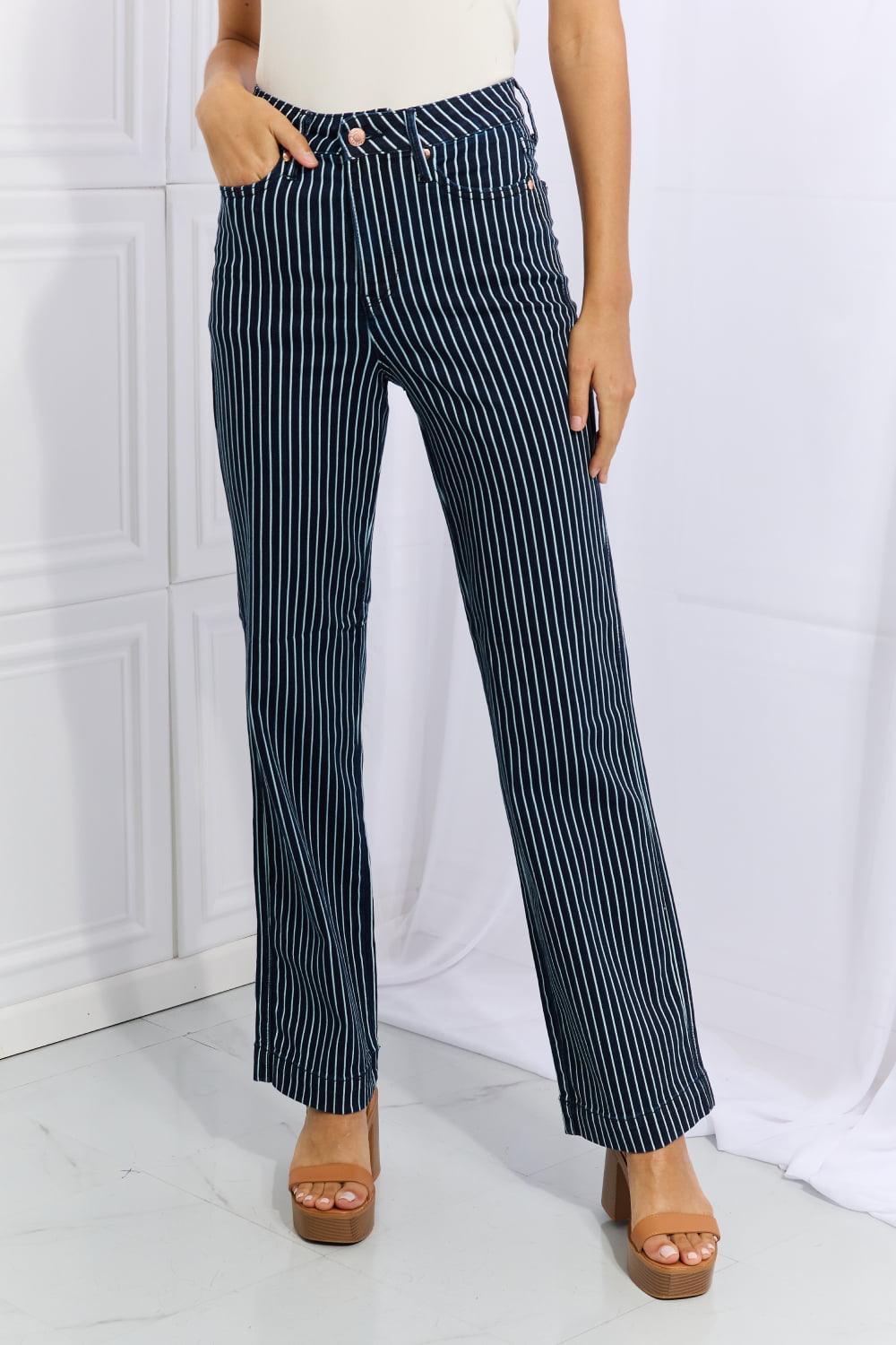 High Waist Tummy Control Plus Size Straight Striped Jeans - MXSTUDIO.COM