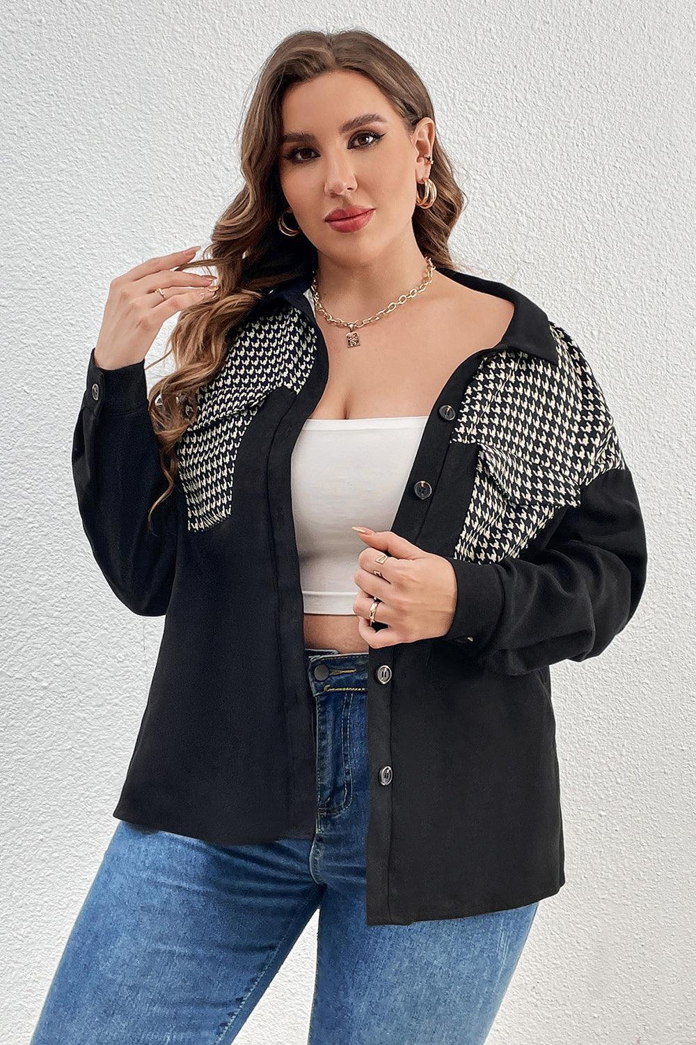 Houndstooth Drop Shoulder Plus Size Black Shacket - MXSTUDIO.COM