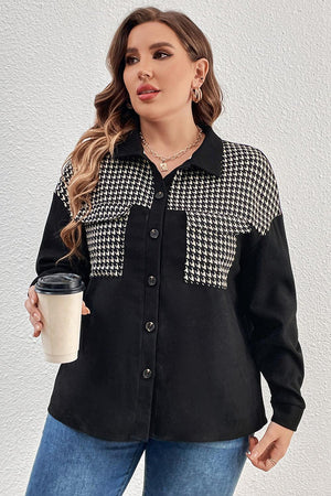 Houndstooth Drop Shoulder Plus Size Black Shacket - MXSTUDIO.COM