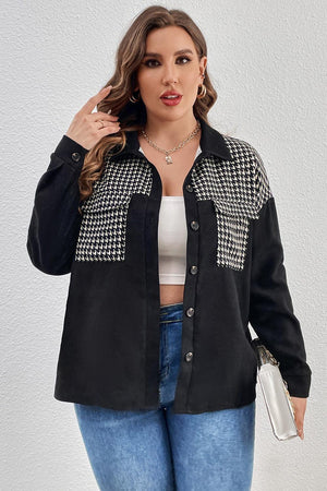 Houndstooth Drop Shoulder Plus Size Black Shacket - MXSTUDIO.COM