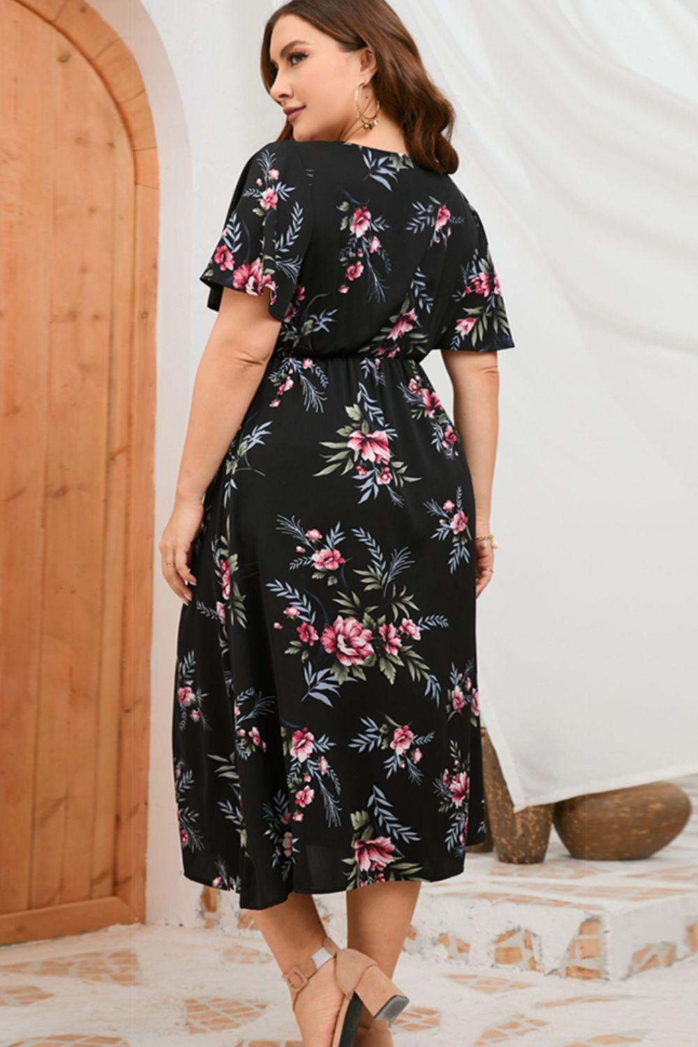 Incredible Floral Plus Size Side Split Dress - MXSTUDIO.COM