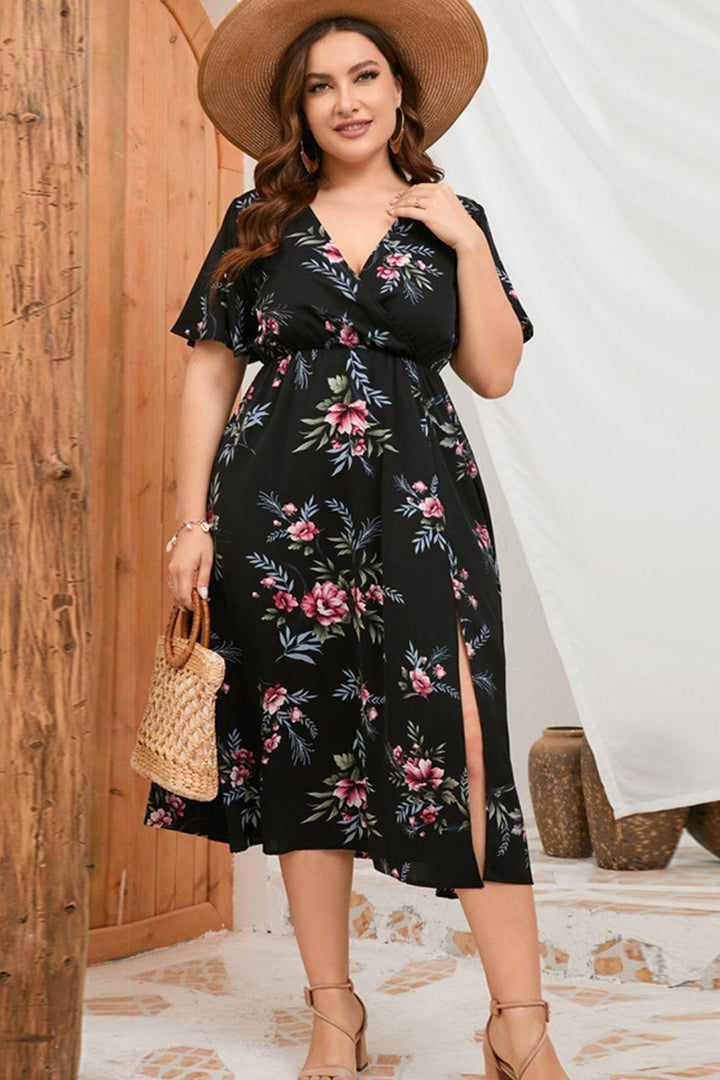 Incredible Floral Plus Size Side Split Dress - MXSTUDIO.COM