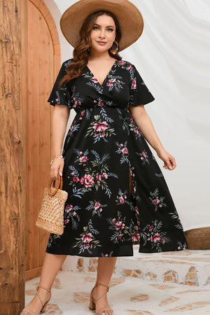 Incredible Floral Plus Size Side Split Dress - MXSTUDIO.COM