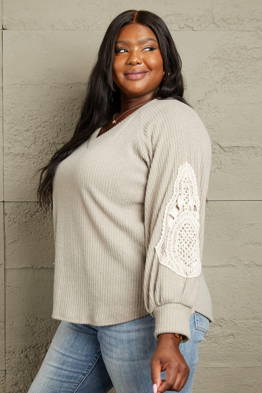 Intricate Lace Patch Detail Plus Size Beige Sweater - MXSTUDIO.COM