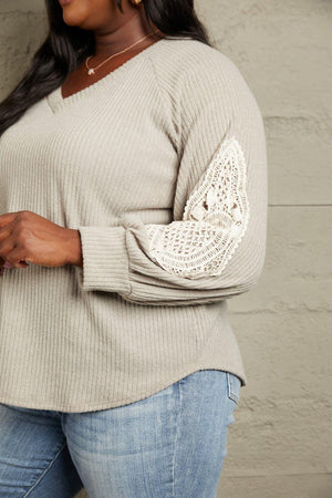 Intricate Lace Patch Detail Plus Size Beige Sweater - MXSTUDIO.COM