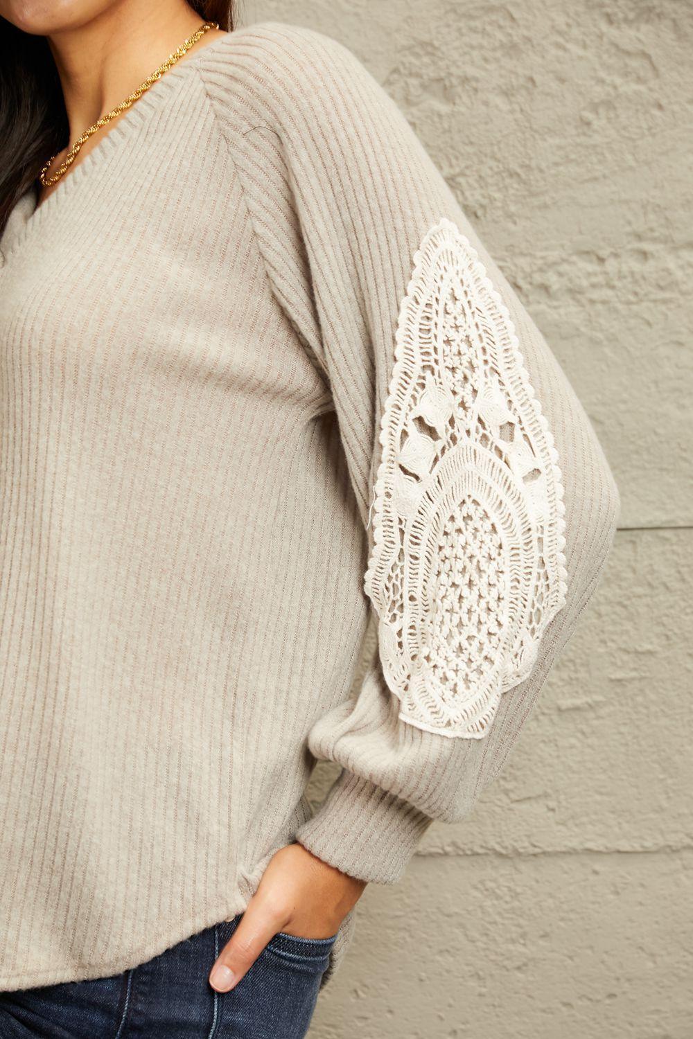 Intricate Lace Patch Detail Plus Size Beige Sweater - MXSTUDIO.COM