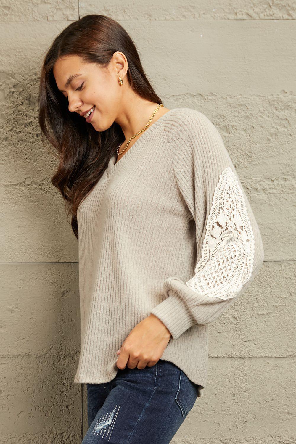 Intricate Lace Patch Detail Plus Size Beige Sweater - MXSTUDIO.COM