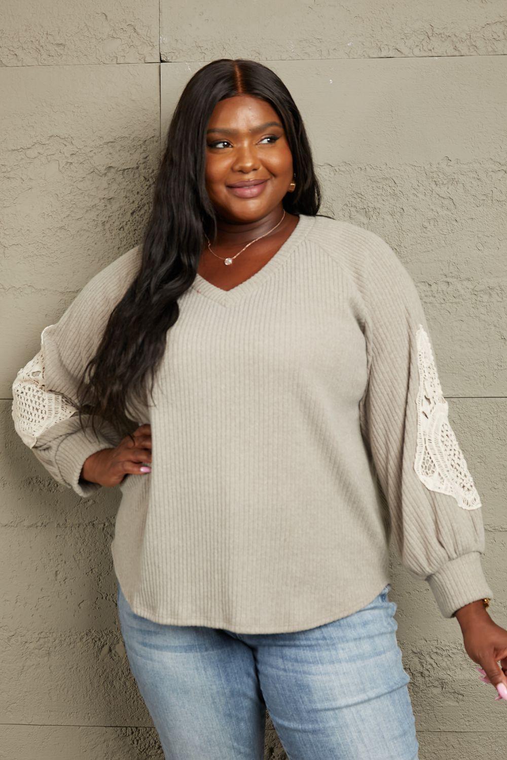 Intricate Lace Patch Detail Plus Size Beige Sweater - MXSTUDIO.COM