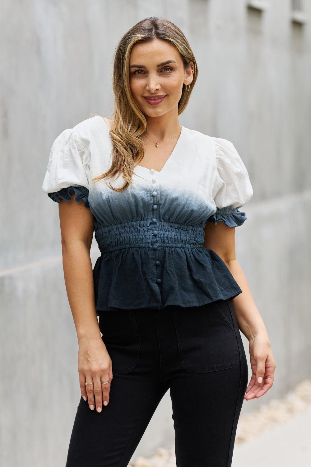 Invigorating Plus Size Ombre Woven Smocked Waist Top - MXSTUDIO.COM