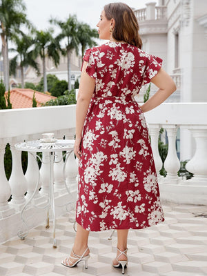 Irreplaceable Plus Size Floral Flutter Sleeve Midi Dress - MXSTUDIO.COM