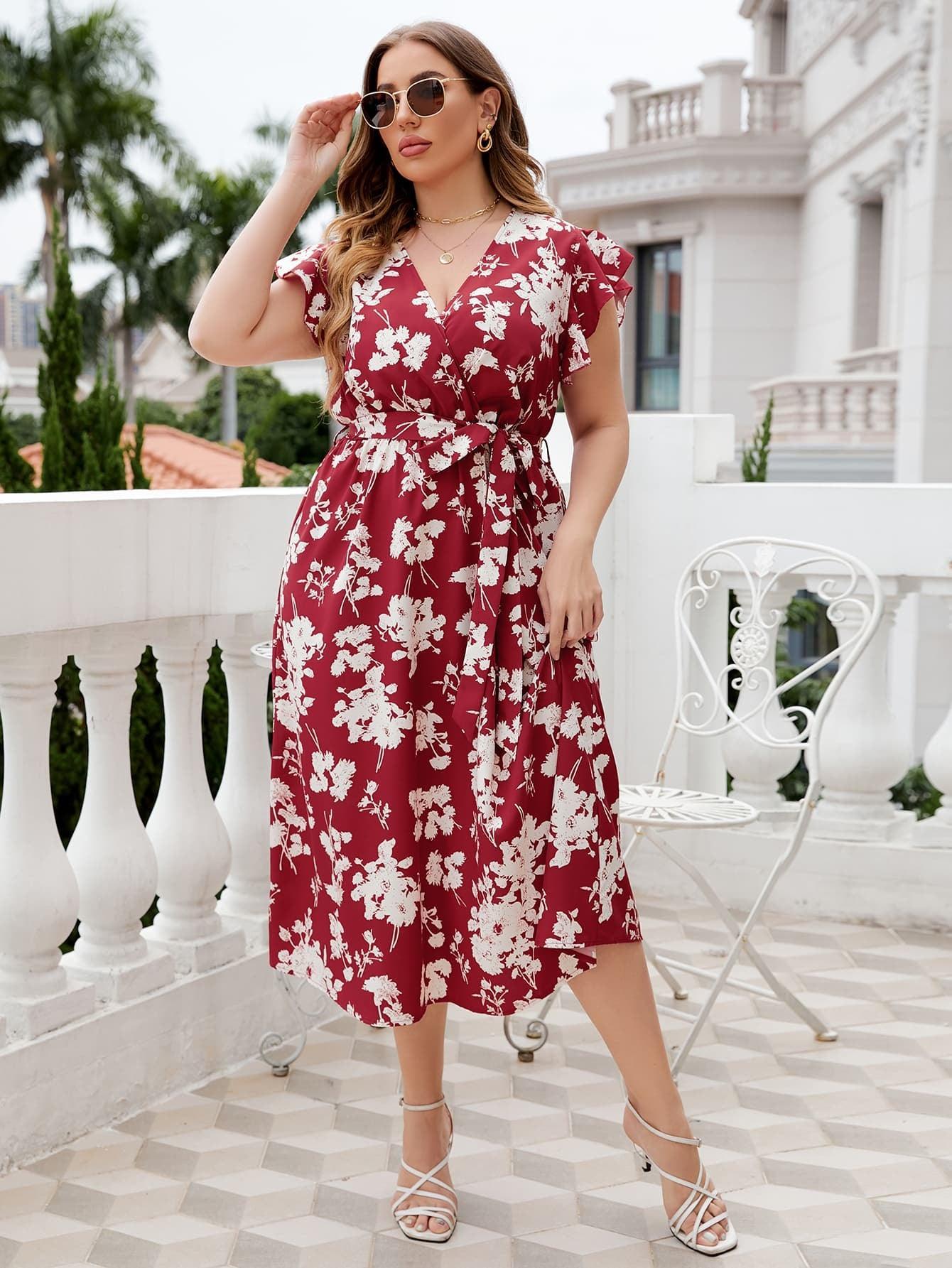 Irreplaceable Plus Size Floral Flutter Sleeve Midi Dress - MXSTUDIO.COM