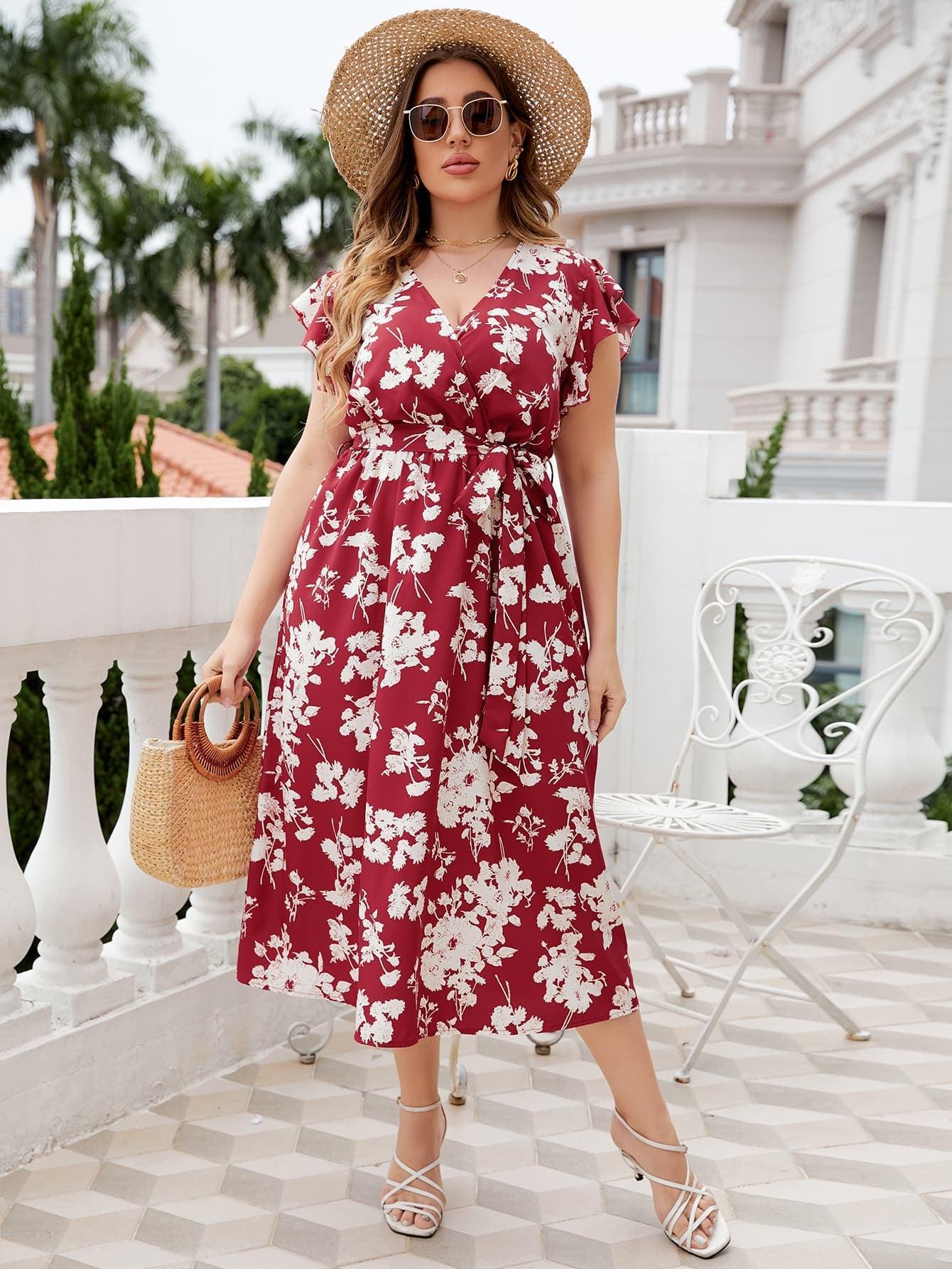 Irreplaceable Plus Size Floral Flutter Sleeve Midi Dress - MXSTUDIO.COM