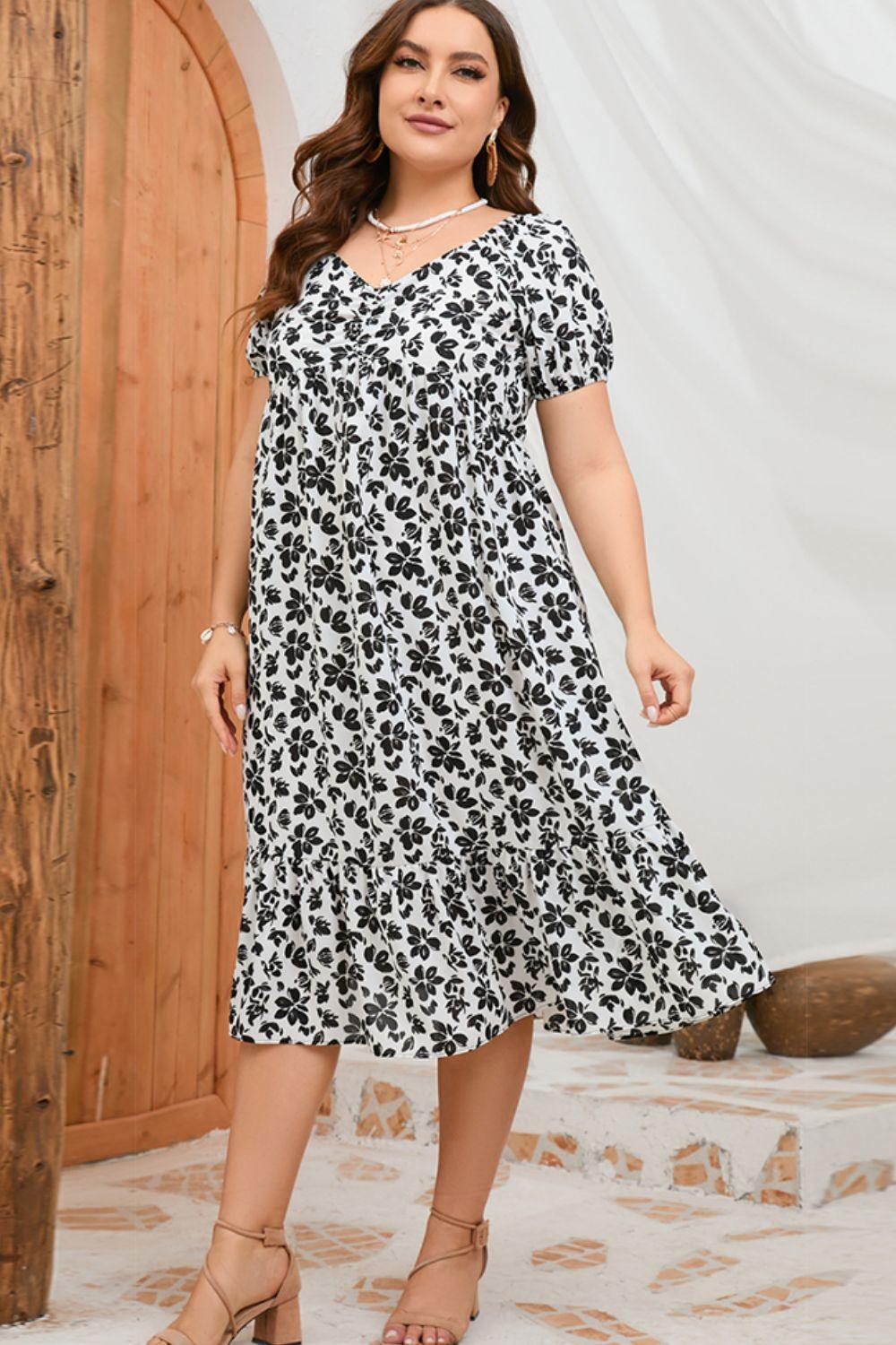 Irreplaceable Plus Size Floral V Neck Midi Dress - MXSTUDIO.COM