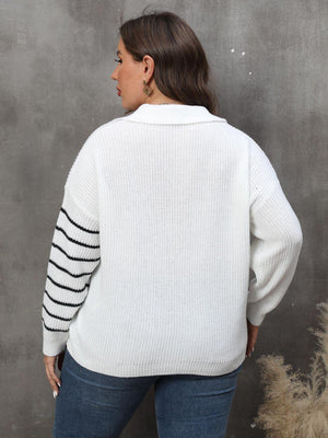 Johnny Collar V-Neck Plus Size Striped Sweater - MXSTUDIO.COM