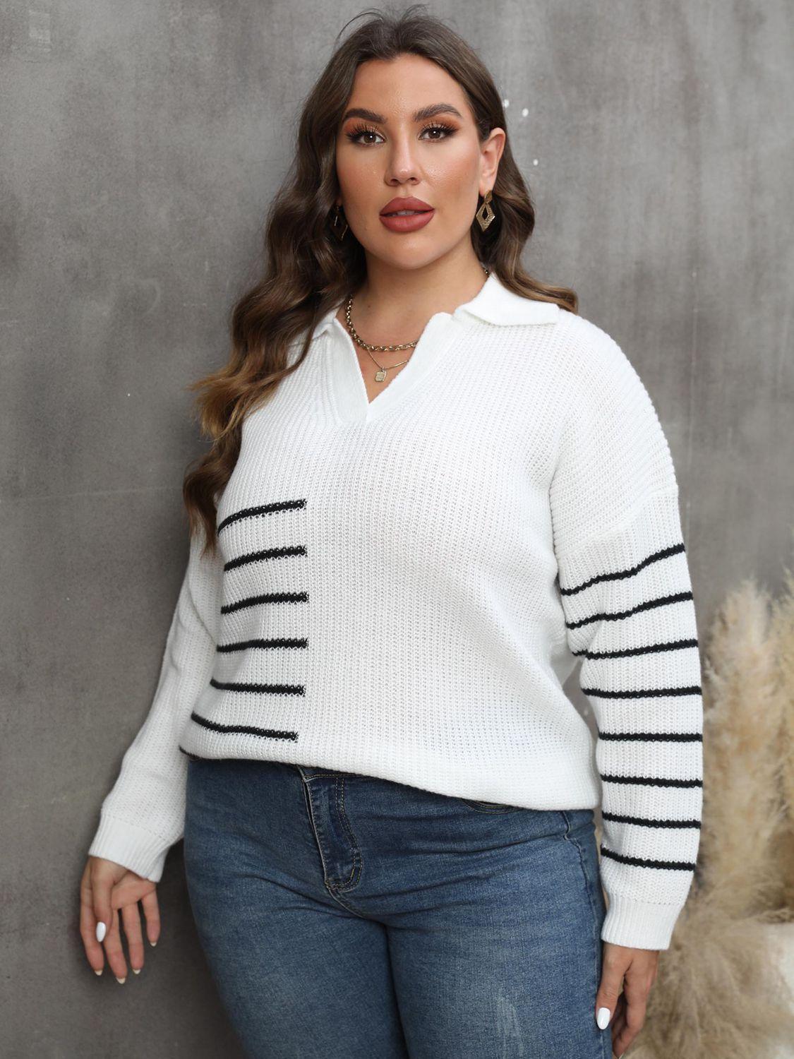 Johnny Collar V-Neck Plus Size Striped Sweater - MXSTUDIO.COM