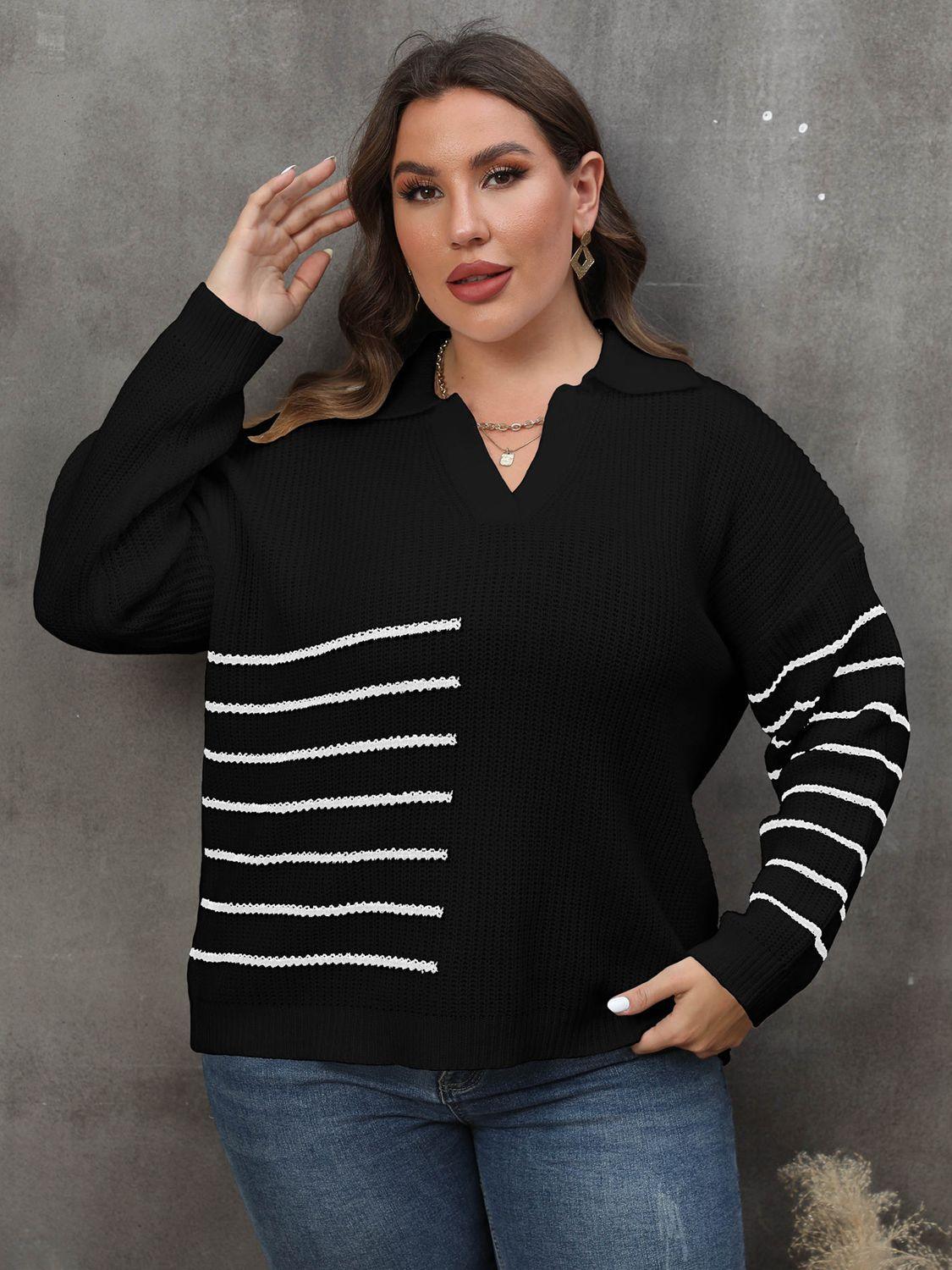 Johnny Collar V-Neck Plus Size Striped Sweater - MXSTUDIO.COM