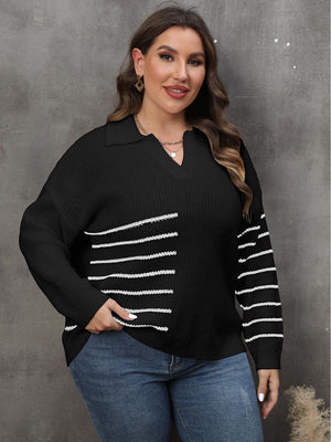 Johnny Collar V-Neck Plus Size Striped Sweater - MXSTUDIO.COM