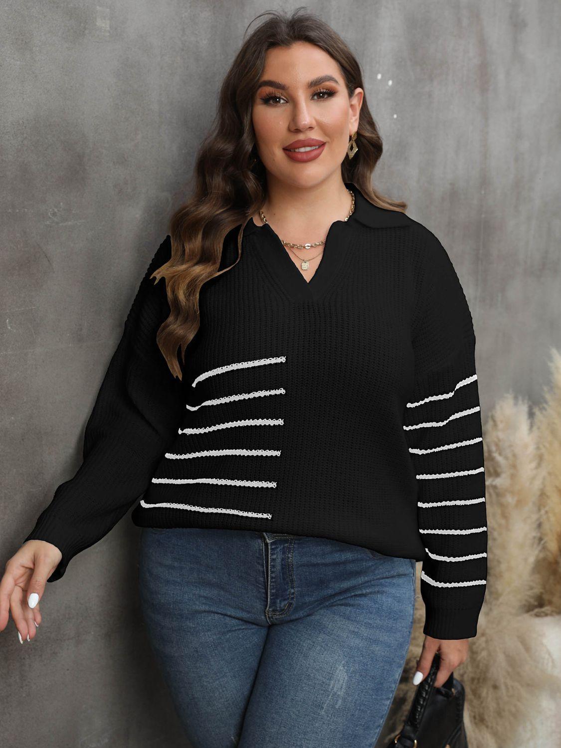 Johnny Collar V-Neck Plus Size Striped Sweater - MXSTUDIO.COM