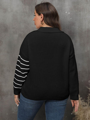 Johnny Collar V-Neck Plus Size Striped Sweater - MXSTUDIO.COM