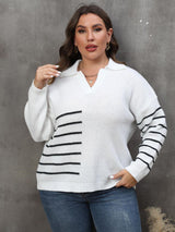 Johnny Collar V-Neck Plus Size Striped Sweater - MXSTUDIO.COM