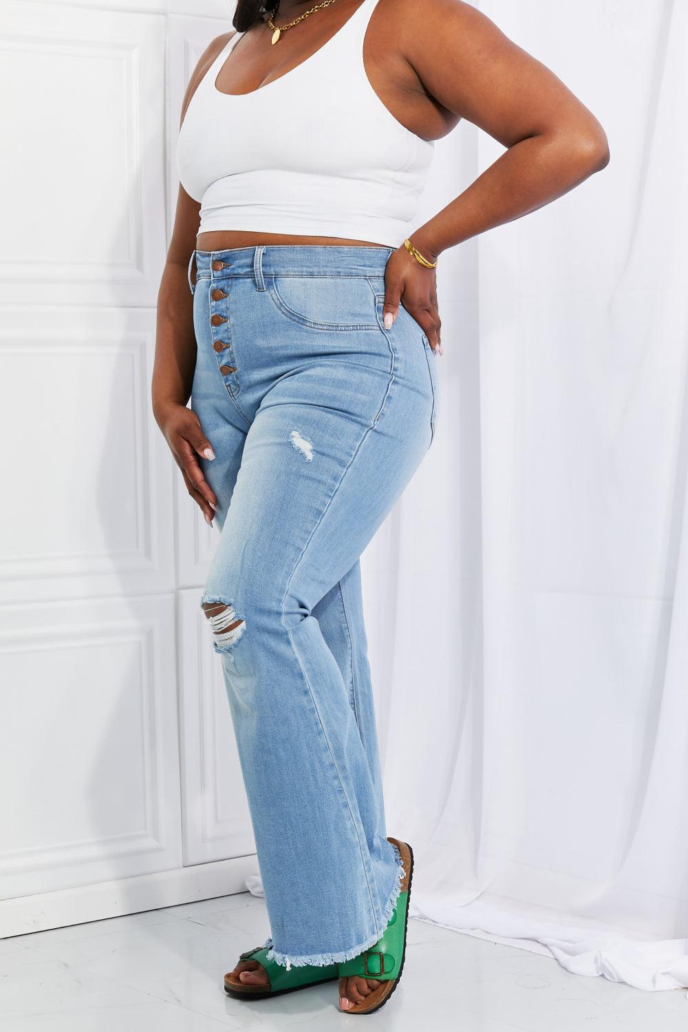 Jovial Flare Distressed Plus Size Button Fly Jeans - MXSTUDIO.COM