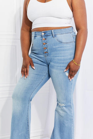 Jovial Flare Distressed Plus Size Button Fly Jeans - MXSTUDIO.COM