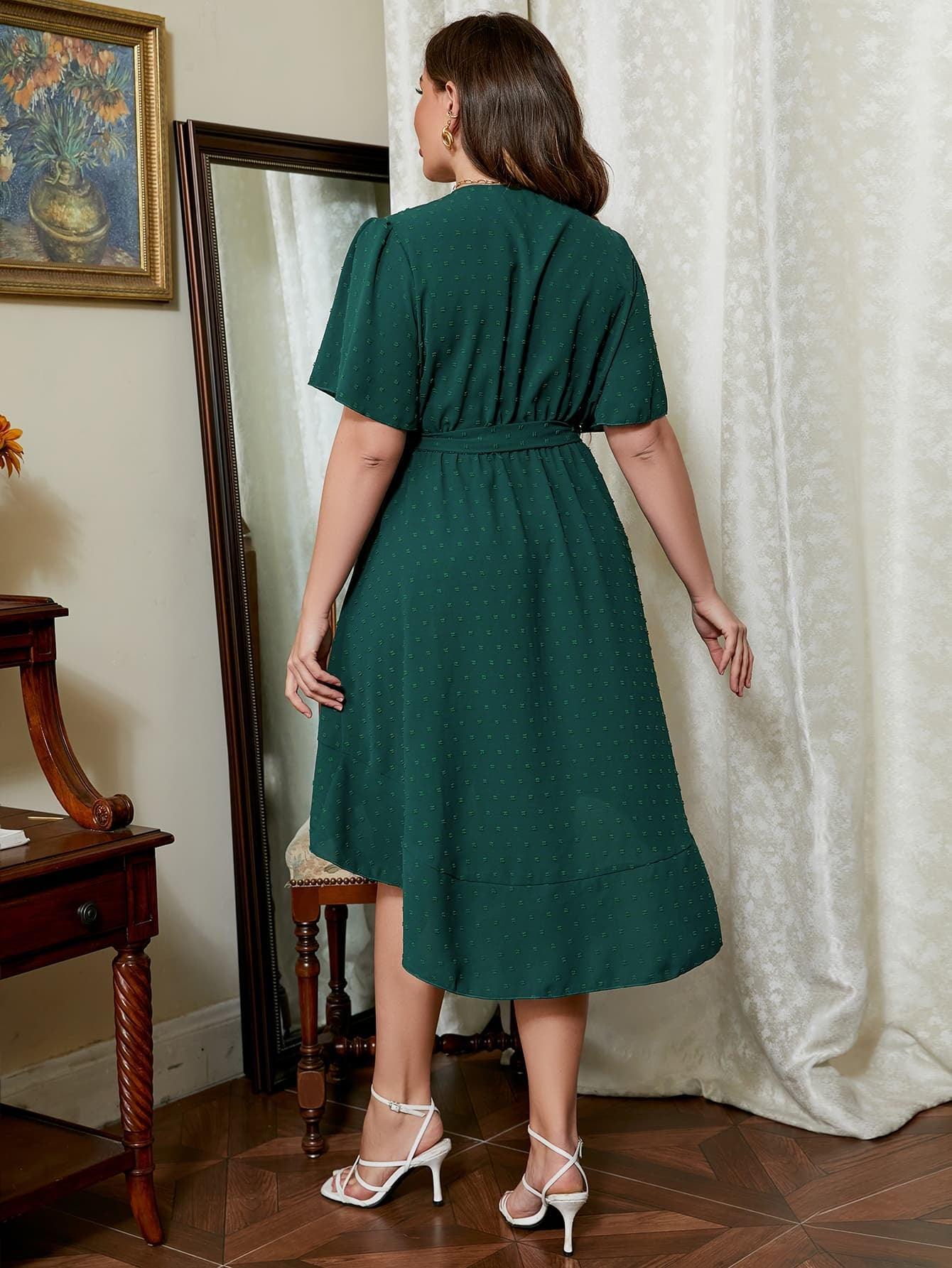 Knee Length Belted Mid Green Plus Size Swiss Dot Dress - MXSTUDIO.COM