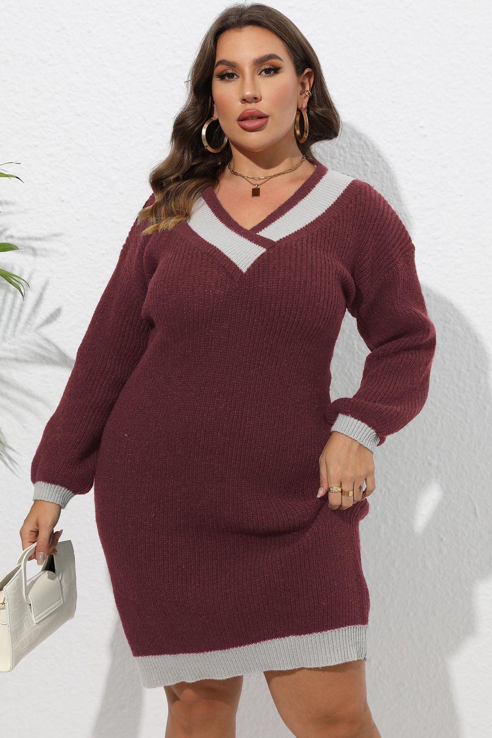 Knee-Length V-Neck Plus Size Sweater Dress - MXSTUDIO.COM