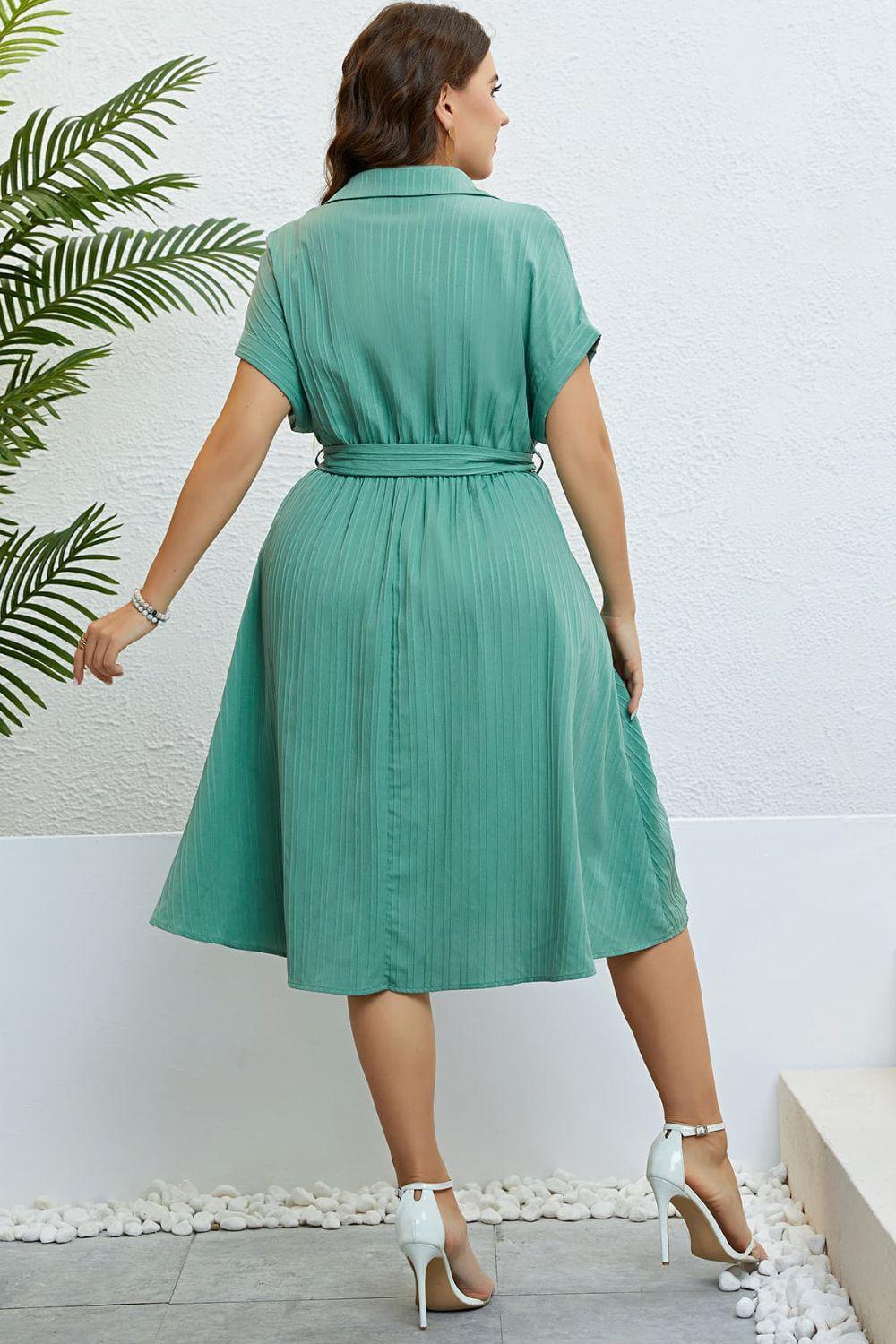 Lapel Collar Buttoned Plus Size Tie Waist Midi Dress - MXSTUDIO.COM