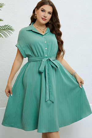 Lapel Collar Buttoned Plus Size Tie Waist Midi Dress - MXSTUDIO.COM