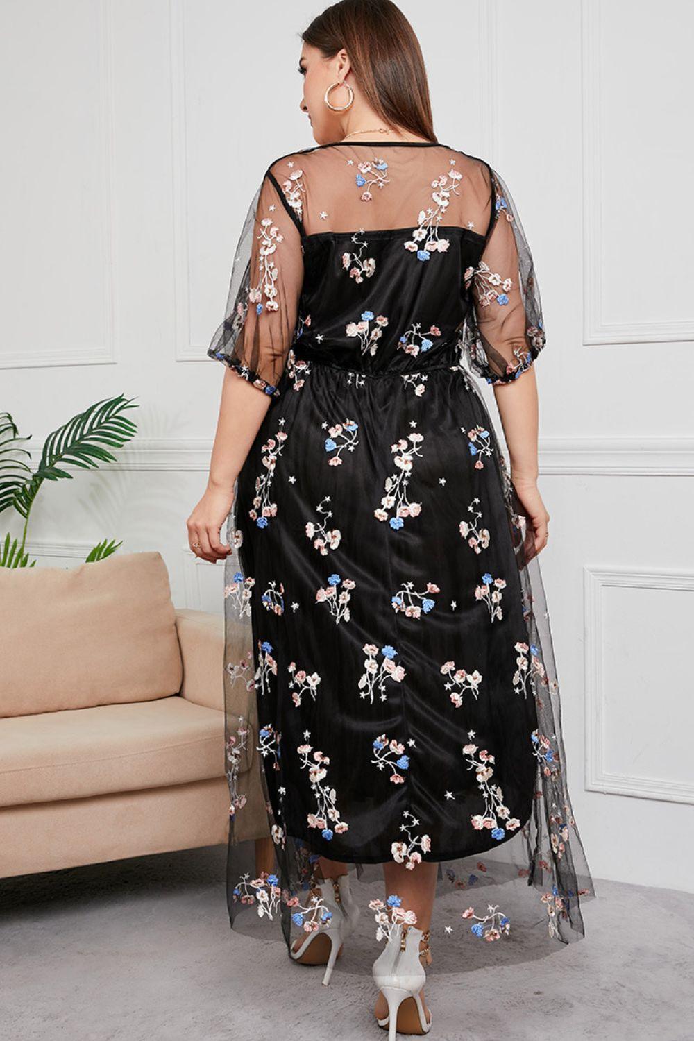 Layered Mesh Floral Plus Size Black Maxi Dress - MXSTUDIO.COM