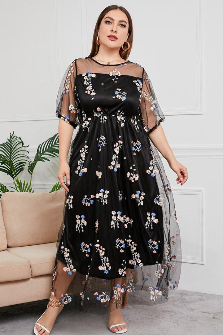 Layered Mesh Floral Plus Size Black Maxi Dress - MXSTUDIO.COM