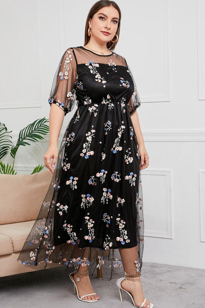 Layered Mesh Floral Plus Size Black Maxi Dress - MXSTUDIO.COM