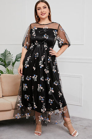 Layered Mesh Floral Plus Size Black Maxi Dress - MXSTUDIO.COM