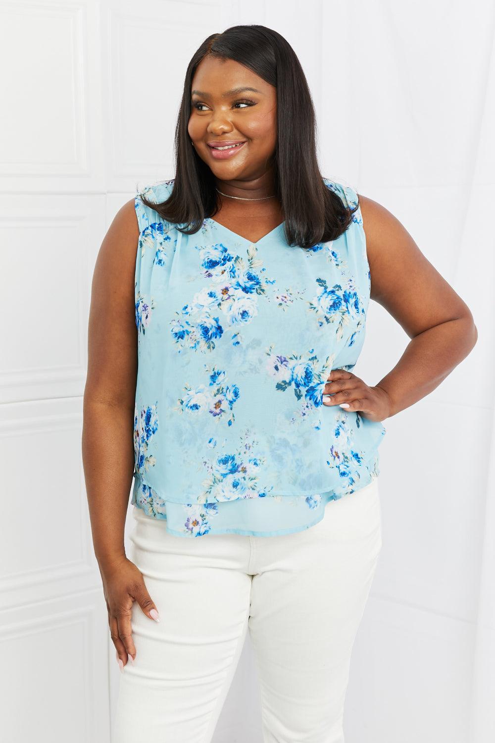 Layered Pastel Blue Plus Size Floral Tank Top - MXSTUDIO.COM