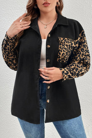 Leopard Contrast Black Plus Size Womens Shacket - MXSTUDIO.COM
